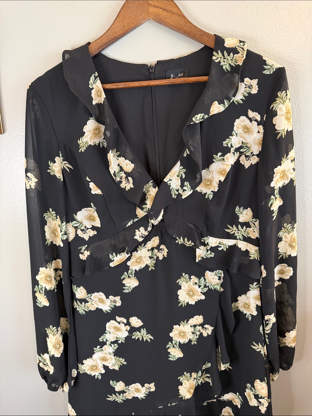 Bardot Floral Ruffle Long Sleeve Mini Dress Black Cream US 10 Large - Picture 5 of 10